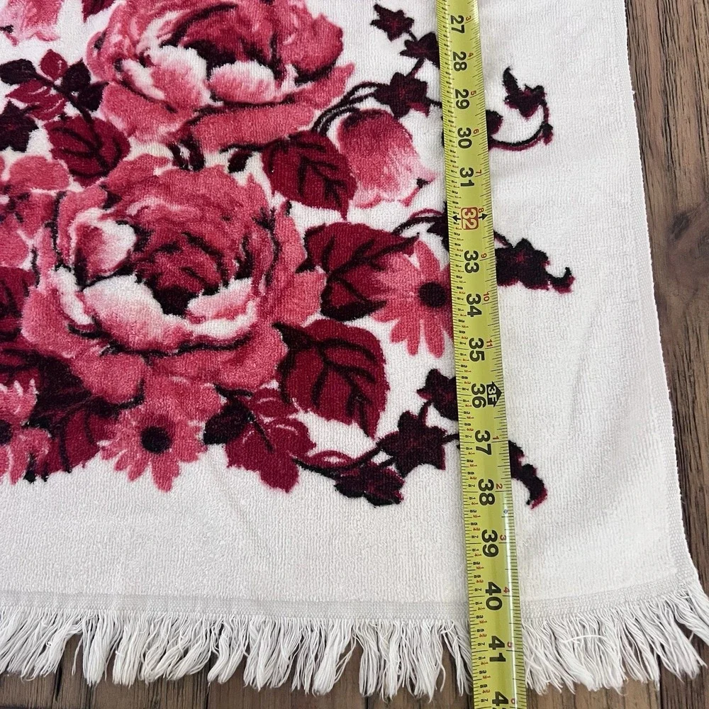 2 vintage Cannon USA made cotton towel pink red roses floral fringe cottagecore